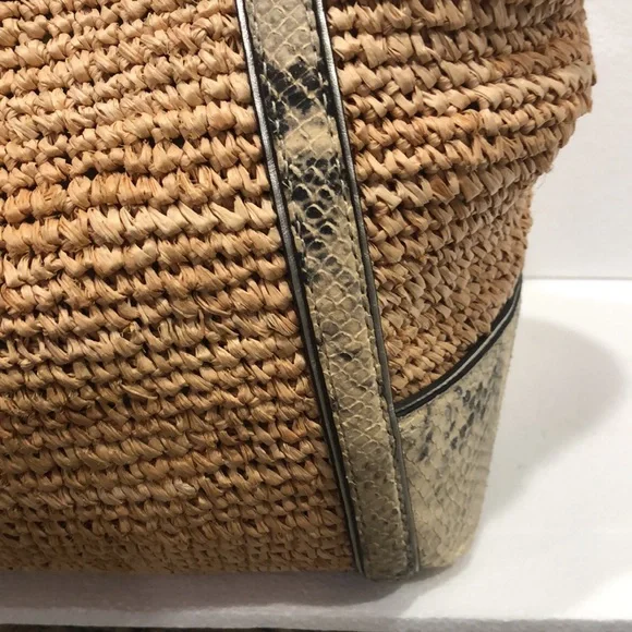 Coach Hampton Python Leather Trim Straw Shoulder Tote - Picture 8 of 12